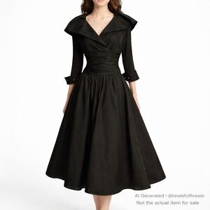 Eliza J Size 8 Black Fit & Flare Dress Dramatic Collar Old Money vintage midi